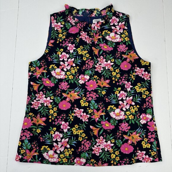 J.Crew Factory Women's Black Floral Ruffle Neck Sleeveless Career  Top S/C39 - Picture 5 of 13